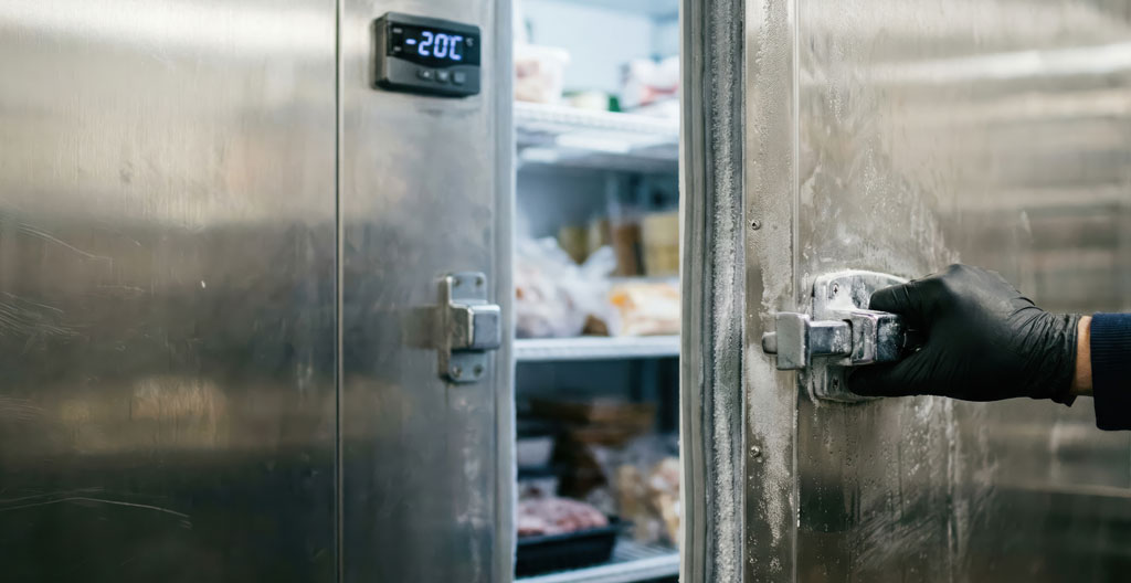 Une chambre froide ouverte avec des bacs inox rangés sur des étagères, une main gantée manipule un bac gastronorme.