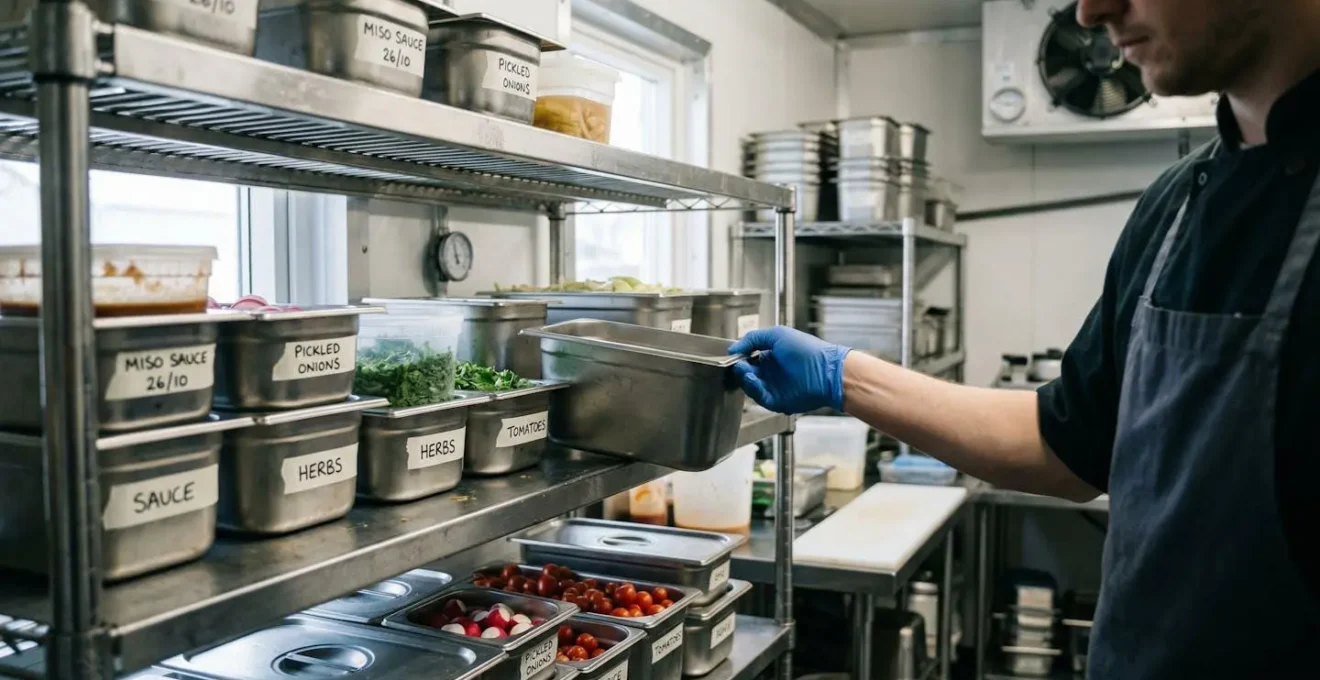 Une chambre froide ouverte avec des bacs inox rangés sur des étagères, une main gantée manipule un bac gastronorme.