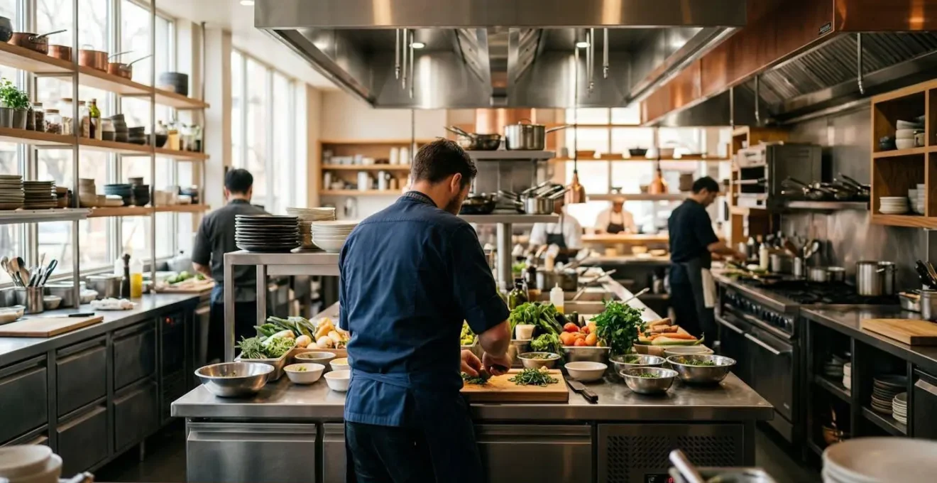 Une cuisine professionnelle moderne avec des plans inox, un chef vu de dos organise ses postes de travail.