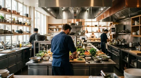 Une cuisine professionnelle moderne avec des plans inox, un chef vu de dos organise ses postes de travail.