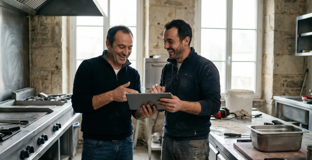 Professionnel de cuisine surveillant l'installation dans un local en rénovation