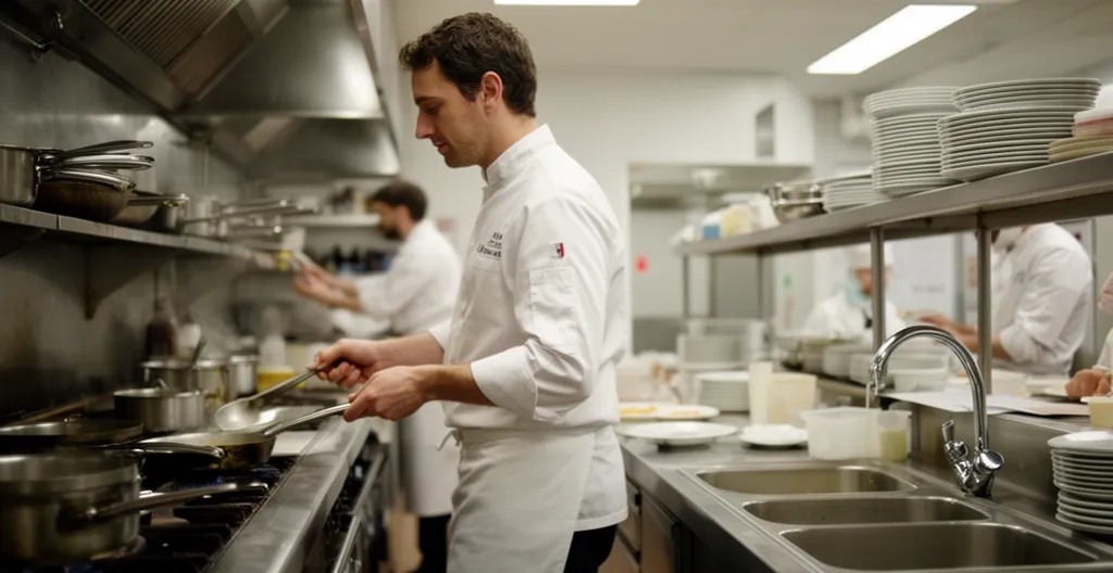 Chef circulant entre zones de préparation et de lavage en cuisine professionnelle
