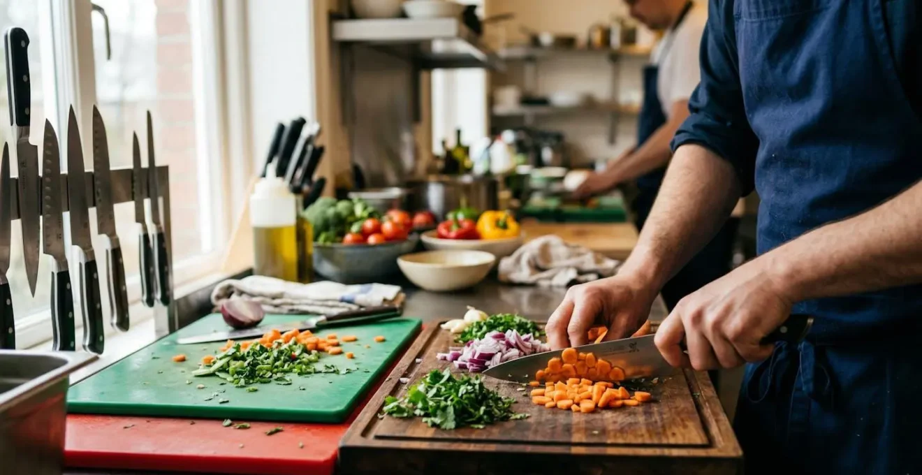 Des mains de cuisinier découpent des légumes sur un plan de travail avec plusieurs planches à découper de couleurs différentes.